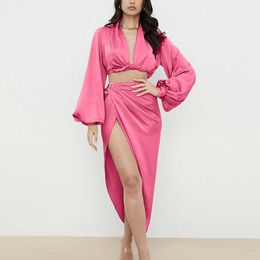 Women's Two Piece Pants SeigurHry Women's Sexy Deep V Neck Dress 2 Piece Set Satin Crop Top Split Maxi Skirt Summer Outfits Bodycon Long Sleeve Clubwear T221012