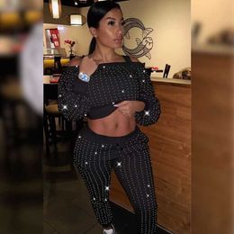 Women's Two Piece Pants Sexy Glitter Club Outfits for Women Spring Off The Shoulder Crop Top and Pants Set Women Elegant Rhinestone Sparkly 2 Piece Set T221012