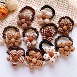 Children's milk coffee Colour Hair Accessories plaid head fabric flower hair ring girl heart ponytail rubber band