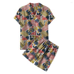 Men's Casual Shirts Hawaiian Beach Men's Shirt Set Flamingo Floral Print Retro Fashion Shorts