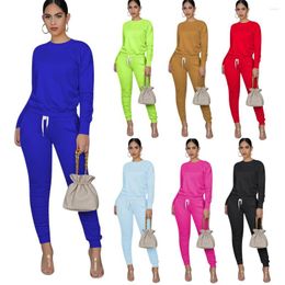 Running Sets Autumn Spring Fitness Yoga Sport Suits Solid Women Sportswear Long Sleeve O-Neck Tops Lace-up Joggers S-2XL