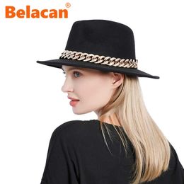 Beanie/Skull Caps Fedora Hats For Women Wool Wide Brim Thick Gold Chain Men Solid Vintage Church Jazz Party Top Cap Panama Luxury Ladies Felt Hats T221013