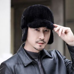 Men Real Mink Fur Hat Winter Warm Baseball Cap Peaked Hat Leather Earmuffs Black