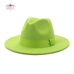 Beanie/Skull Caps QBHAT Lime Green Solid Colour Wool Felt Jazz Fedora Hats with Ribbon Band Women Men Wide Brim Panama Party Trilby Wedding Hat T221013