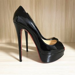 Женские туфли на высоких каблуках платформы Peep Toe Sexy Sandals 12 см 14 см. Тонкие каблуки красные блестящие днитные дниты обнаженная черная патентная кожа.