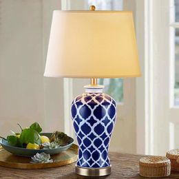 Table Lamps American Style Retro Blue Hand-painted Creative Desk Lamp Study Bedside Chinese And White Ceramic