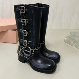 Boots Harness Belt Buckled cowhide leather Biker Knee Boots chunky heel zip Knight boots Fashion square toe Ankle for women luxury designer shoes 2024 new