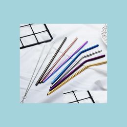 Drinking Straws Us Stock 6X215Mm 304 Stainless Steel St Bent And Straight Reusable Colorf Drinking Sts Metal Cleaner Brush Bar Tool D Dhhzj