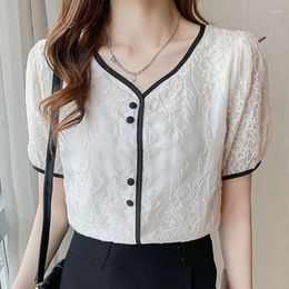 Women's Blouses Square Neck Button Embroidered Shirt Women White Short Sleeve Blusas Mujer De Moda 2022 Verano Elegant Retro Tops Ladies