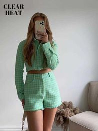 Women's Two Piece Pants Vintage Plaid Tweed Two Piece Set Women Green Short Jacket Coat Mini Shorts Suit 2022 Spring Ladies Fashion Streetwear Outfits T221012