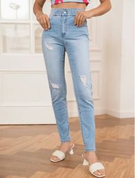 Cor de cor sólida casual Slim Fit feminino jeans magro da cintura alta rasgada de jeans de lavagem média desgastada