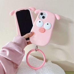 Luxury cases Super Funny 3D big eyes pink pig bracelet silicone phone case for iphone 14 Pro Max 11 12 13 Xs Xr 7 8 plus X Se cover