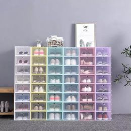 Thicken Clear Plastic Shoe Box Dustproof Shoes Storage Cover Flip Transparent Candy Color Stackable Shoes Organizer Boxes FY4405