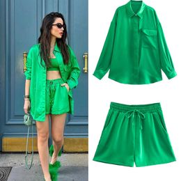 Women's Two Piece Pants PB ZA 2022 Summer New Women's Green Silk Satin Drape Pockets Breasted Long Sleeve Shirt Lace-Up High Waist Shorts Set T221012