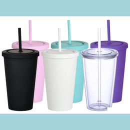 Mugs Mugs Tumblers With Lids And Sts.16 Oz Pastel Coloured Plastic Acrylic Travel Cups.Double Wall Insated Matte Reusable Bk For Smoo Ot1Xu