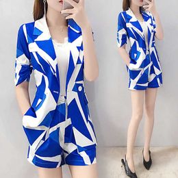 Women's Two Piece Pants 2020 New Office Lady Casual Short Suits Summer Ladies Print Short Sleeve Blazer and Shorts Set Women Workwear 2 Peice Set L107 T221012