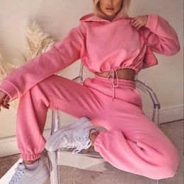 Women's Two Piece Pants SeigurHry Women's 2 Piece Outfits Long Sleeve Drawstring Hoodies Crop Top and High Waist Pocketed Joggers Casual Sweatsuits Set T221012