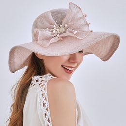 Berets Brim Wide Beach Sun Hat For Women Party Fedora Cap Peal Fascinator Chapeau Bow Fashion Ladies