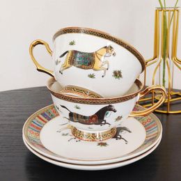Cups Saucers Horse Bone China Coffee Mug Cup European Afternoon Tea Set Golden Handle Cafe Party Drinkware Gift Box
