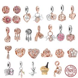 925 Silver Charm Beads Dangle Rose Gold Pink Charms Bead Fit Pandora Charms Bracelet DIY Jewelry Accessories 01010