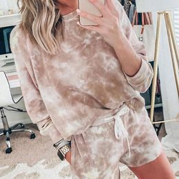 Gym Clothing Women's Casual 2 Piece Outfits Tie Dye Print Crewneck Loose Sweatshirt Drawstring Short Pants Set Loungewear