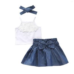 Clothing Sets Baby Girl Tops Denim Skirt Bow Headband Ruffle Sling Shirts Patchwork Half-Dress Summer Suit 3M-3T