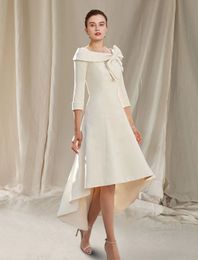 High Low Mother of the Bride Dress Bateau Neck Asymmetrical Satin Short Sleeve with Bow Groom Guest Gowns 2023 Robe De Soiree