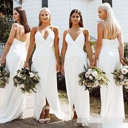 Sale Chiffon Bridesmaid Dresses Spaghetti Straps Ruched Front Slit Sheath Covered Buttons Back Maid of Honor Gown Beach Wedding Wear