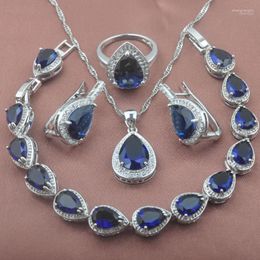 Necklace Earrings Set & Silver Colour Blue Zirconia Water Drop Women's Wedding Bracelet Pendant Ring Russian Style YZ0355