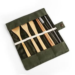 Wooden Dinnerware Set Bamboo Teaspoon Fork Soup Knife Catering Cutlery Kit with Cloth Bag Kitchen Cooking Tools Utensil RRE15059