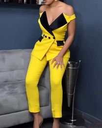 Modern Mother Of The Bride Groom Pants Suits Sexy V-Neck Off Shoulder Black Lapel Yellow Prom Wedding Party Blazer Slim Fit Women Evening Formal Wear Custom 2023