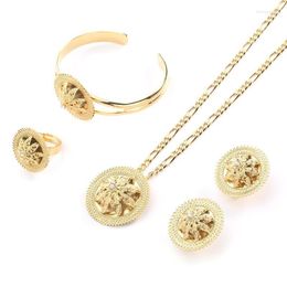 Necklace Earrings Set & Ethiopian Gold 4Pcs Chain Round Flower Pendants Stud Adjustable Ring For Women Bridal Wedding
