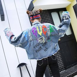 Women's Jackets Autumn Casual Fashion Graffiti Printing Denim Jacket Women Ripped Hole Jean And Coats With Rivet Tassel