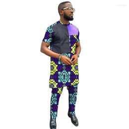 Men's Tracksuits Purple/Black Patchwork Short Sleeves Men's Sets Modern Design Tops With Pants Male Groom Suits African Wedding Party