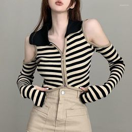 Women's Knits Retro Polo Collar Strapless Contrast Colour Striped Casual Cardigan Women 2022 Summer Sexy Slim Zipper Knitted Crop Tops