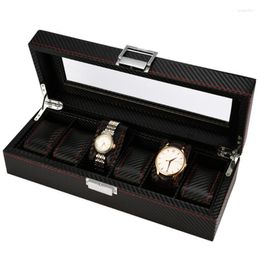 Watch Boxes 6 Slots Carbon Fibre Black Wooden Display Box Case Glass Topped Jewelry Organizerr