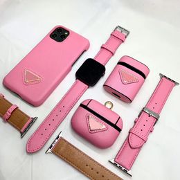3in1 3-piece Suit Phone Cases For iPhone 13 Pro Max 12 11 Xs XR X 8 7 Plus Cell Phone Cover Earphone Protector Airpods 2 3 Watch Band Luxury Fashion Leather Women Men Gift Se