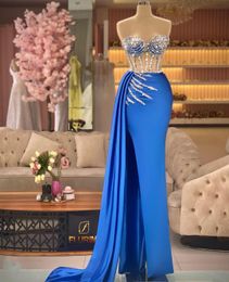 Blue New Prom Sleeveless Satin Strapless V Neck Appliques Shiny Sequins Beaded Evening Dresses Side Slit Floor Length Party Gowns Plus Size Custom Made