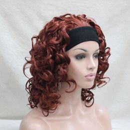 New bright auburn red curly 16" short synthetic 3/4 wig women's headband wig