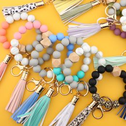 Silicone Keychain For Keys Tassel Wood Beads Bracelet Keyring Women Multicolor Bead Keychains FashionKeychain WLL1739