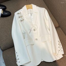 Women's Suits Korean Fashion Office Lady Blazer Women's Long Sleeve Luxury Crystal Sequins Coat Autumn White Button Pocket Slim Fit