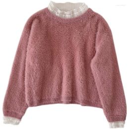 Women's Sweaters Winter Korean Style Temperament Loose Lace Edge Stand-up Collar Pullover Long-sleeved Mohair Sweater Women