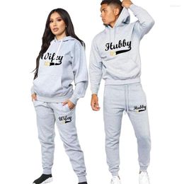 Men's Tracksuits Couple Outfits Hoodie And Pants 2 Pieces High Quality Hubby Wifey Print Men Women Daily Casual Sport Jogging Suit Tracksuit