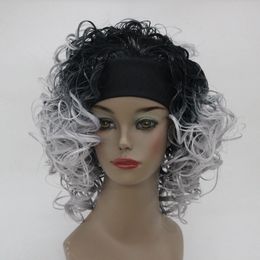 New 3/4 wig with headbands ombre black Grey curly short women synthetic half wig