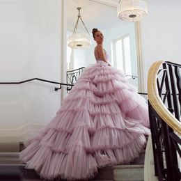 Casual Dresses Lush Sweet Pleated Tulle Prom Ball Gowns Glitter Beaded Crystals V Neck Ruffles Tiered Formal Party Luxury Pageant Dress