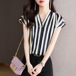 Women's Blouses 2022 Summer Shirts For Women Thin Chiffon Striped Korean Fashion Button Up Shirt V-Neck Office Ladies Tops Sleeve Clothing