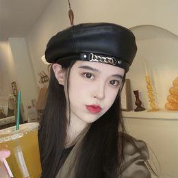 Coreia PU Leather Beret Berreta Feminina Moda Ins rede Red Spring e Autumn Style Small Fragrance