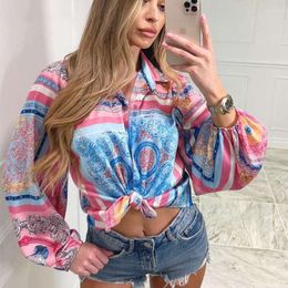 Women's Blouses 2022 Fashion Retro Pattern Printed Shirts And Tops Spring Elegant Lapel Button Fall Long Sleeve Bow Ladies