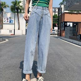 Women's Jeans Women's Summer Women High Waisted Mom Ankle Length Straight Plus Size Blue Harem Pants Korean Style With Buttons Slim