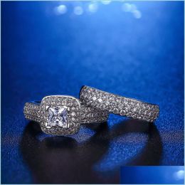 Wedding Rings Luxury Engagement Double Rings Set Original Real 925 Solid Sier White Cz Zircon Ring Wedding Fine Jewellery Drop Delivery Dhpna